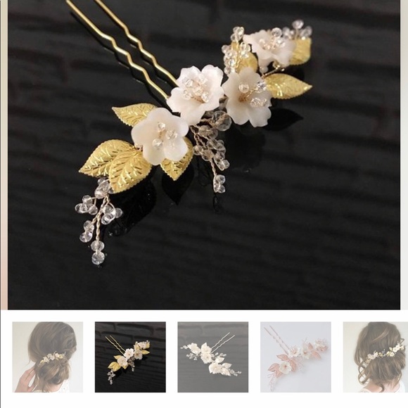 Bridal Flower Hair Pin Gold Leaf - Picture 2 of 4